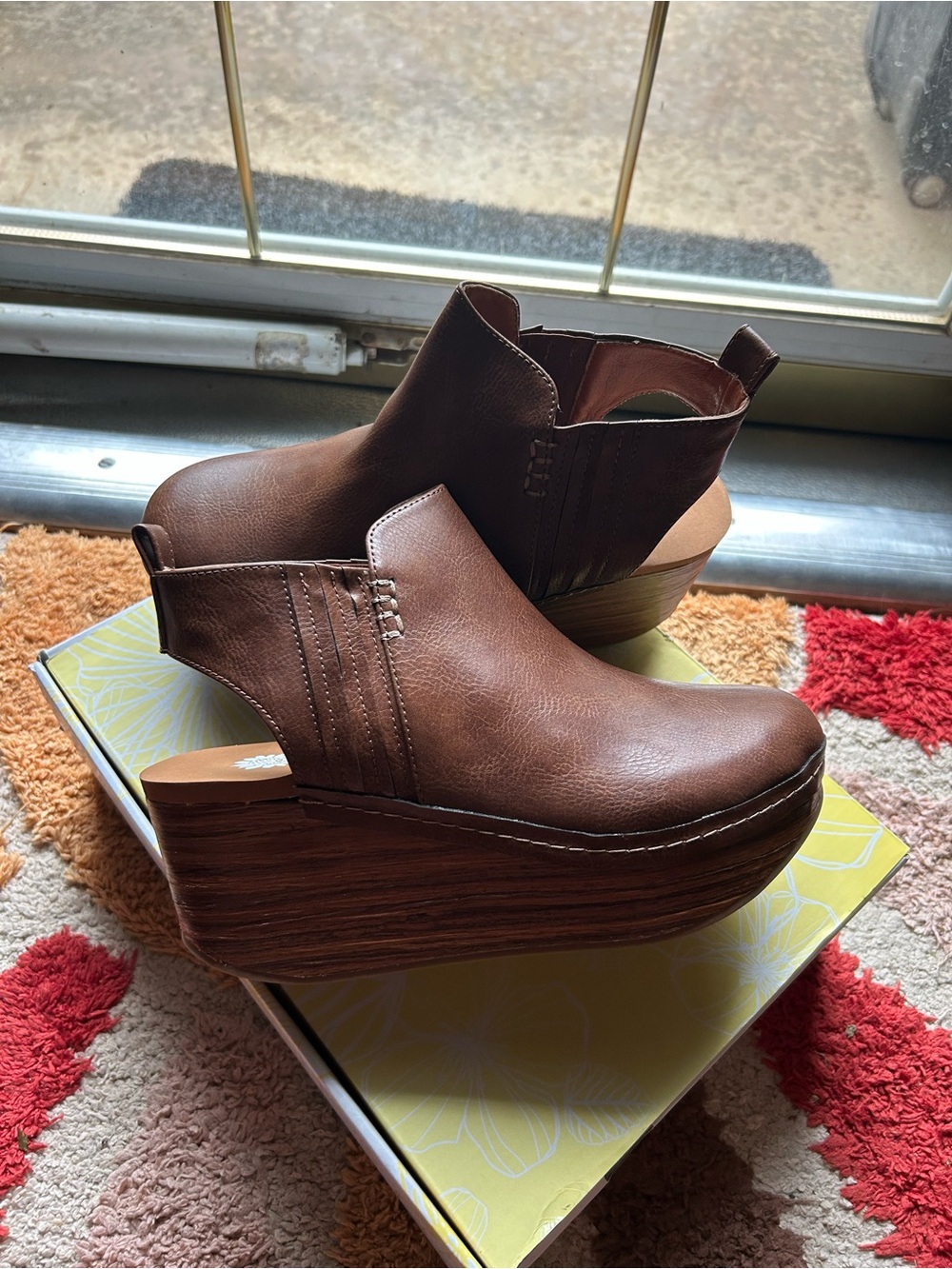 Yellow Box Brown Cutout Wedge Booties